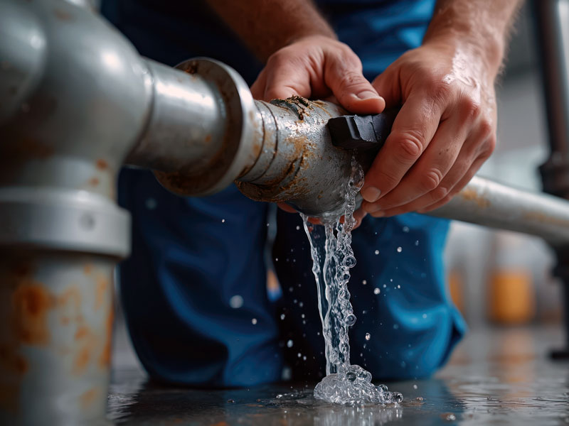 Plumber inspecting pipe leak inside Houston commercial building