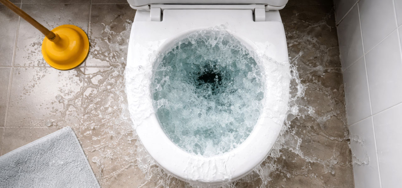 Overflowing toilet with water flooding a bathroom